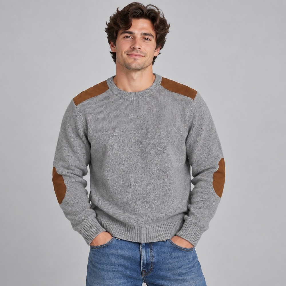 Chaps Sweater Mens L Gray Cotton Knit Crewneck Faux Suede Elbow Patches Preppy